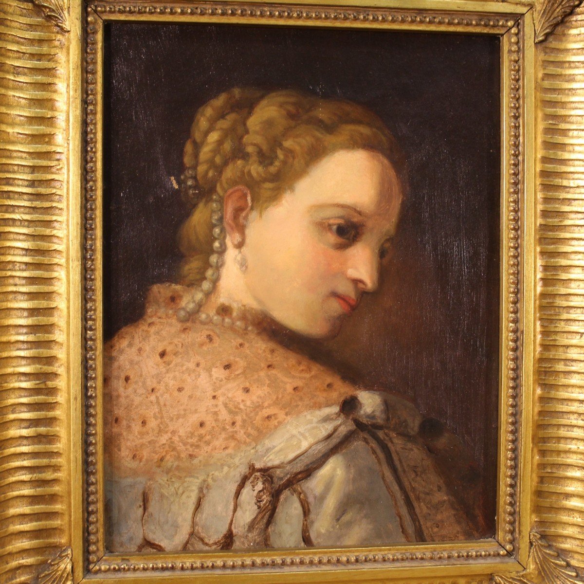 Painting Oil On Canvas Portrait Of A Young Noblewoman From 19th Century-photo-2
