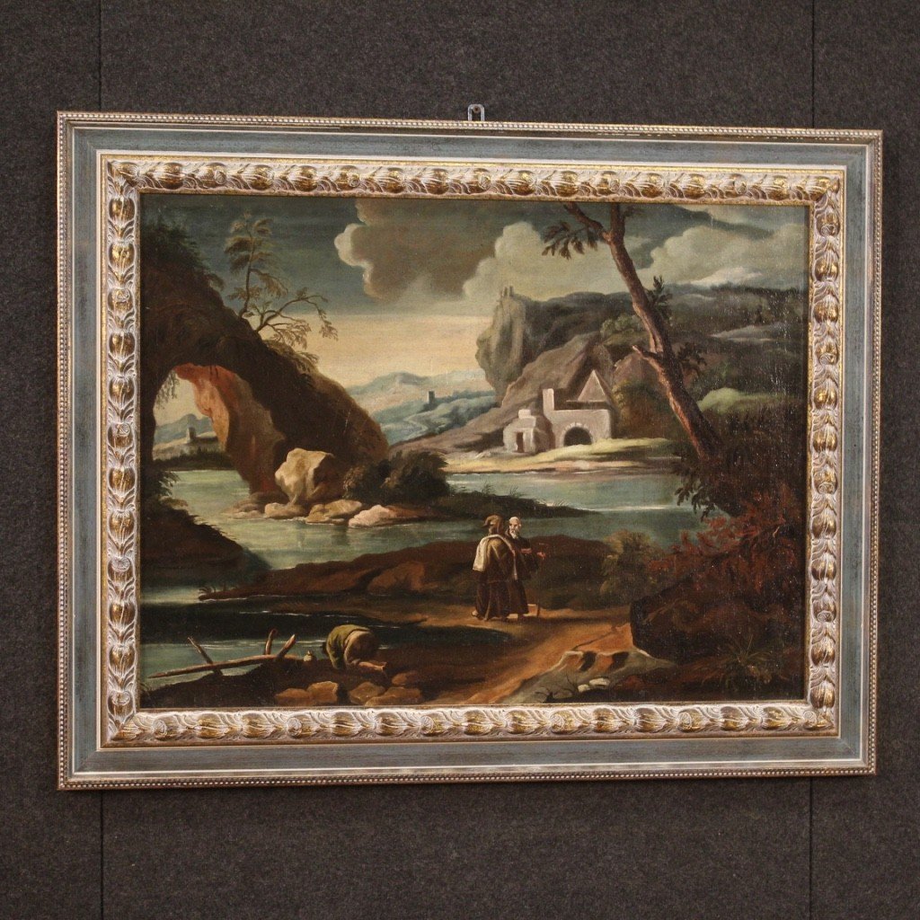 Antique Italian Painting Landscape With Characters From 18th Century-photo-6