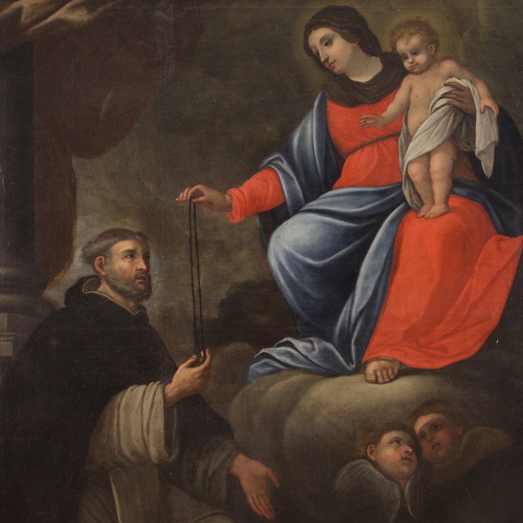 Tableau Religieux Du 17ème Siècle, Vierge à l'Enfant Avec Saint Dominique De Guzmán-photo-3