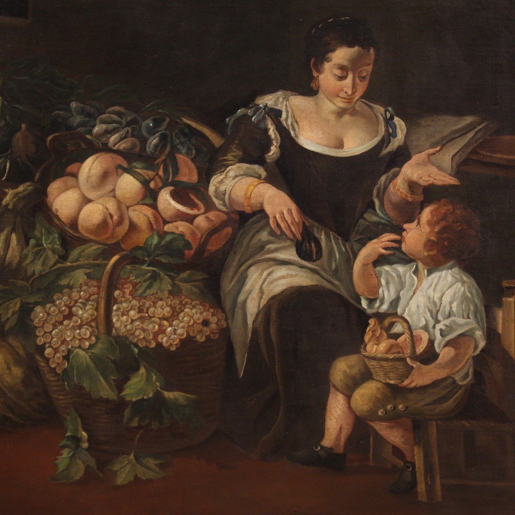 Grand Tableau Du 18ème Siècle, Scène De Genre Avec Nature Morte-photo-2