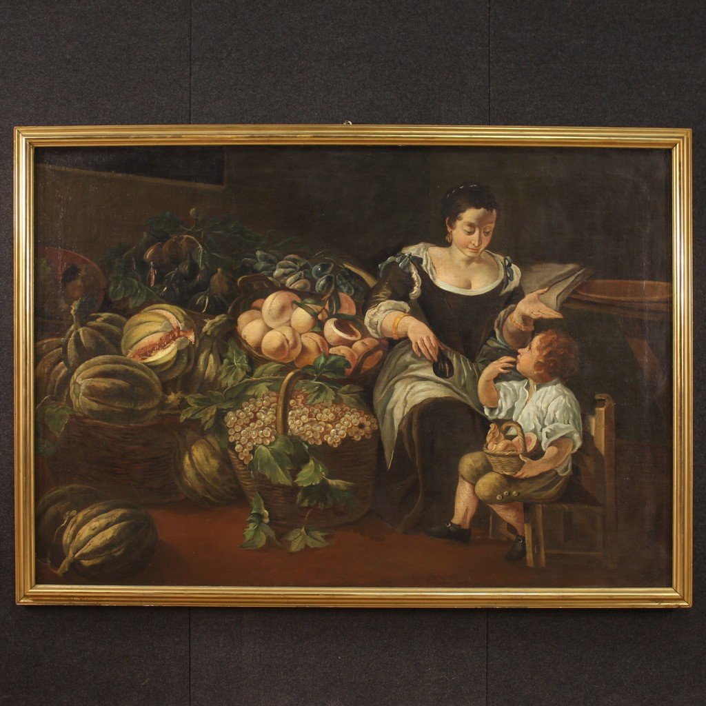 Grand Tableau Du 18ème Siècle, Scène De Genre Avec Nature Morte-photo-3