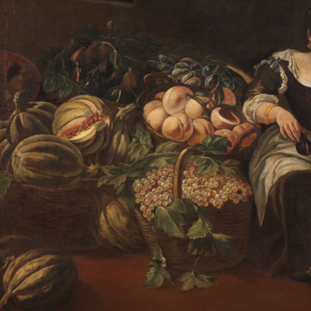 Grand Tableau Du 18ème Siècle, Scène De Genre Avec Nature Morte-photo-4