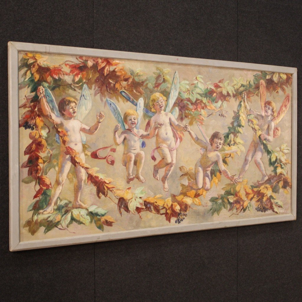 Italian Painting Naif Games Of Winged Children From 20th Century-photo-8