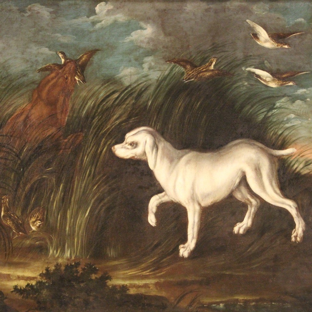 Ancien Tableau Français Du 18ème Siècle Paysage Avec Chiens-photo-3