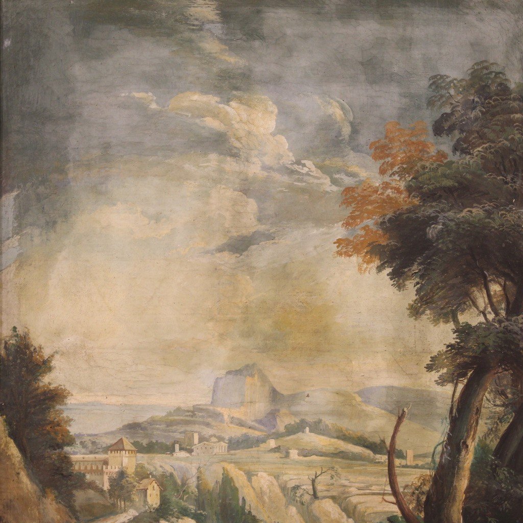 Grand Tableau Paysage Détrempe Sur Papier Du 18ème Siècle-photo-1