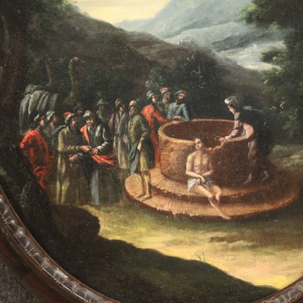 Ancien Tableau Ovale Du 18ème Siècle Joseph Au Puits-photo-4