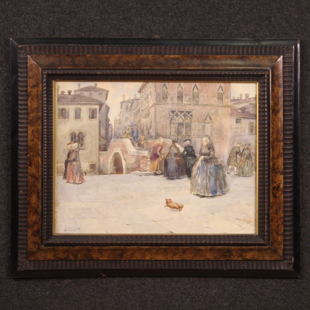 Italian Watercolor Signed A. Corsetti, View Of Venice