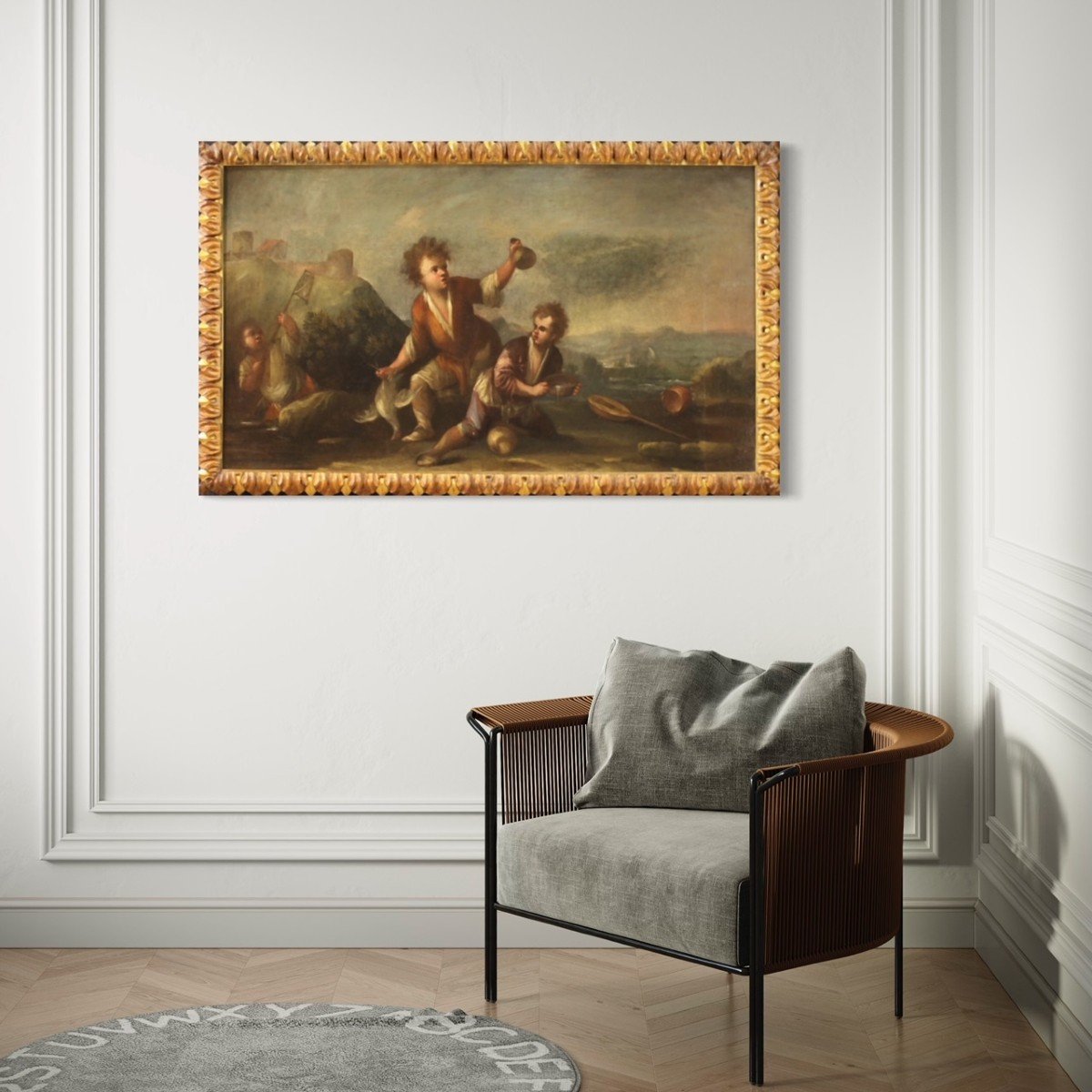 Tableau Huile Sur Toile Paysage Avec Des Enfants Du 18ème Siècle-photo-2