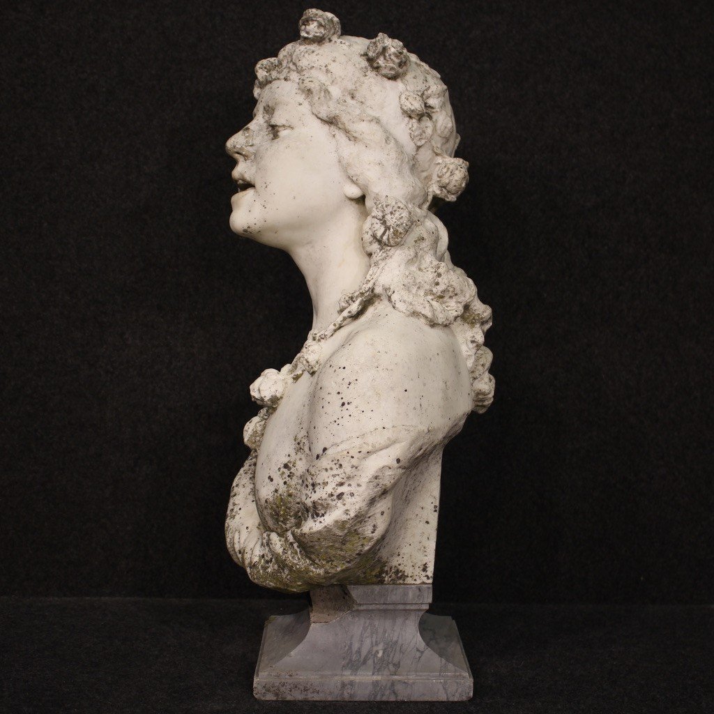 Marble Sculpture Signed Girl Adorned With Garlands Of Flowers-photo-4