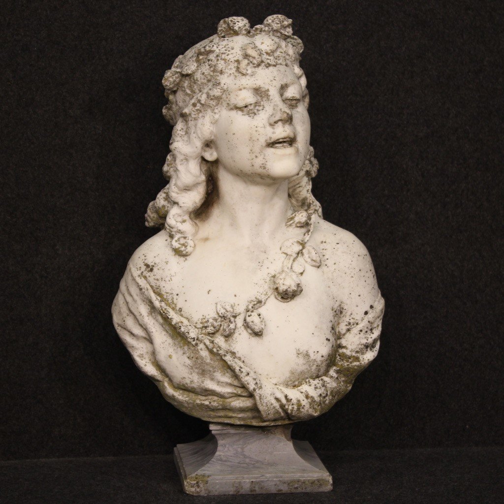 Marble Sculpture Signed Girl Adorned With Garlands Of Flowers