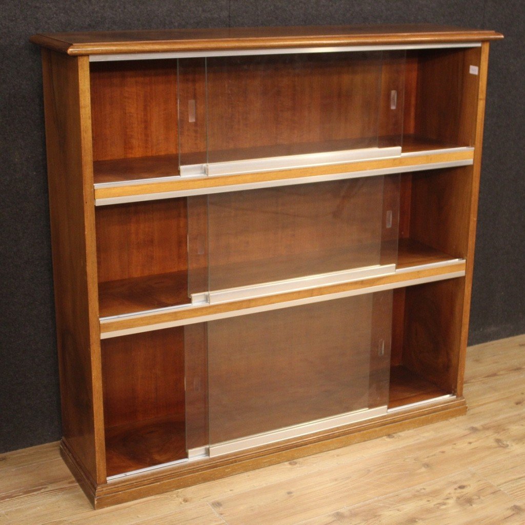 Pair Of Italian Bookcases In Walnut Wood With Glass Doors-photo-3