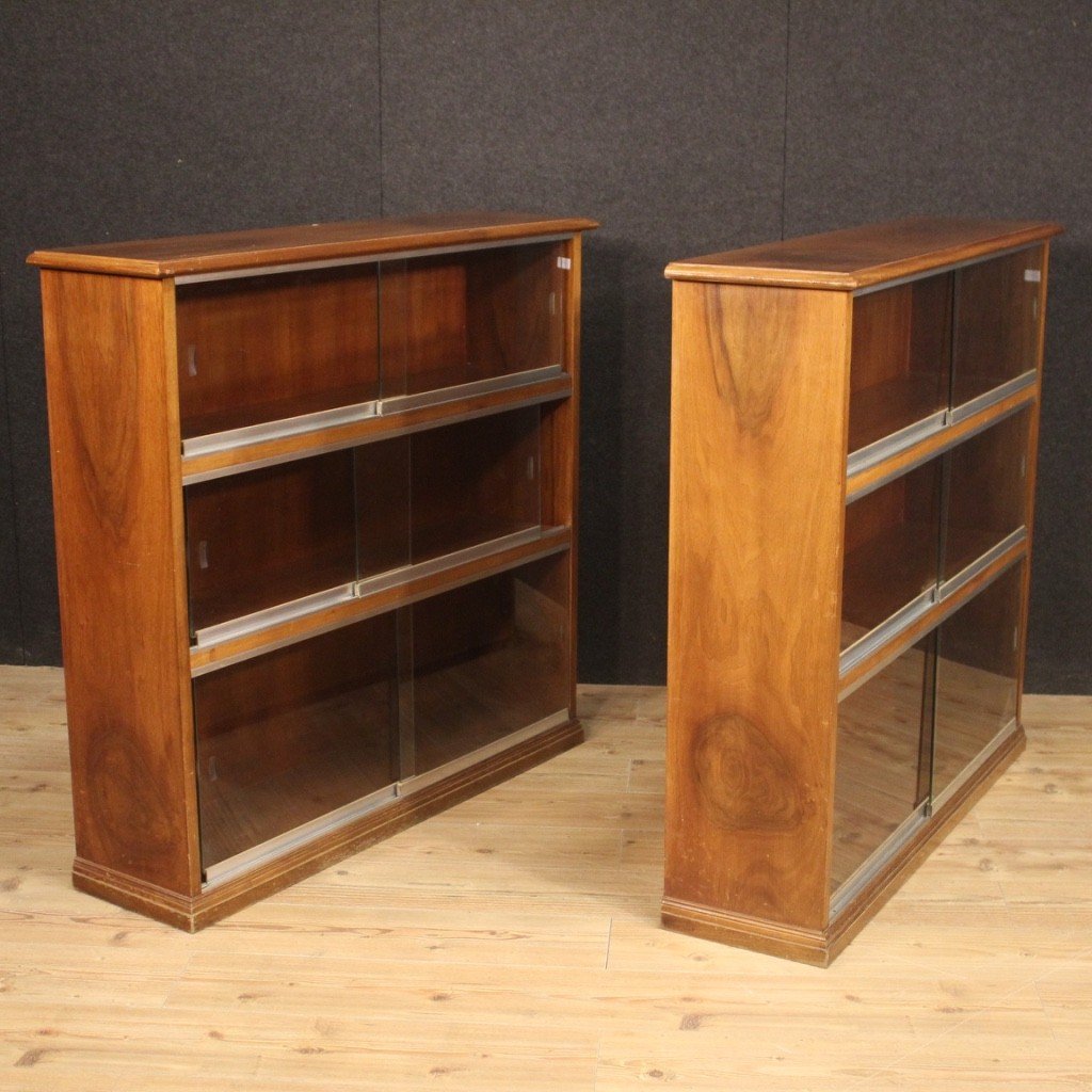 Pair Of Italian Bookcases In Walnut Wood With Glass Doors-photo-8