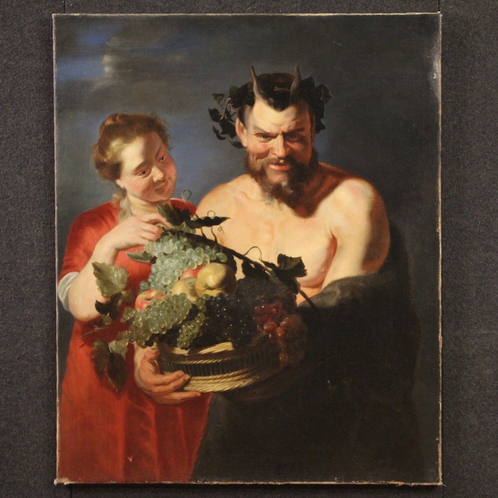 17th Century Flemish Painting, Faun With Fruit Basket And Bacchante-photo-2