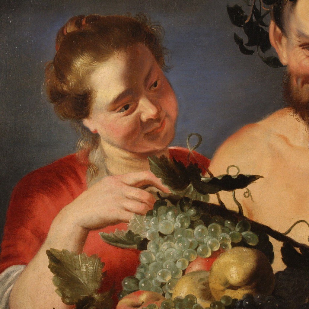 17th Century Flemish Painting, Faun With Fruit Basket And Bacchante-photo-1