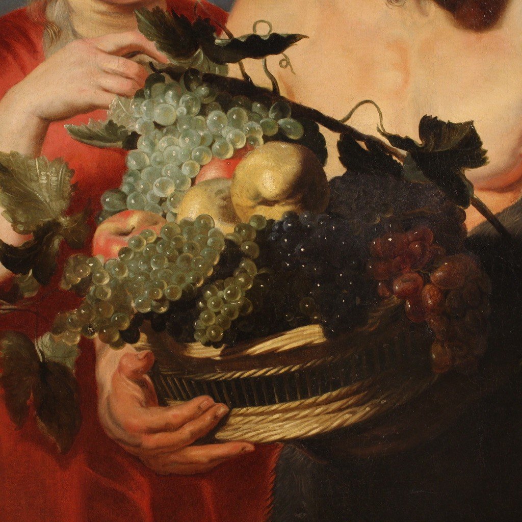 17th Century Flemish Painting, Faun With Fruit Basket And Bacchante-photo-2