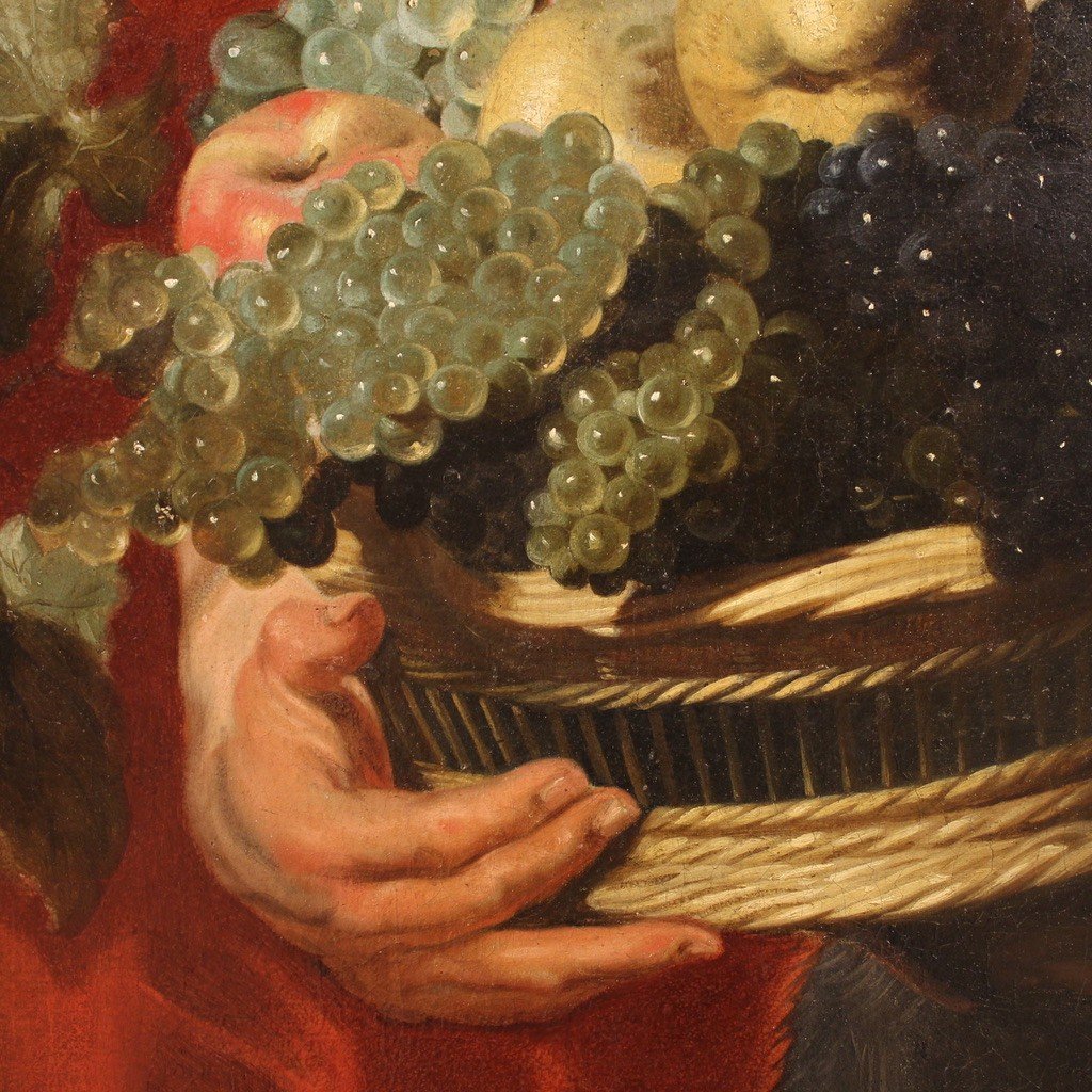 17th Century Flemish Painting, Faun With Fruit Basket And Bacchante-photo-5