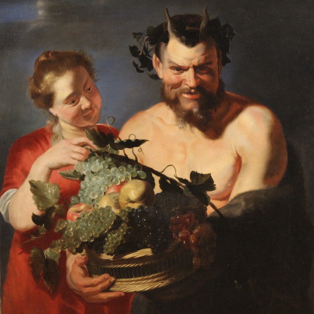 17th Century Flemish Painting, Faun With Fruit Basket And Bacchante