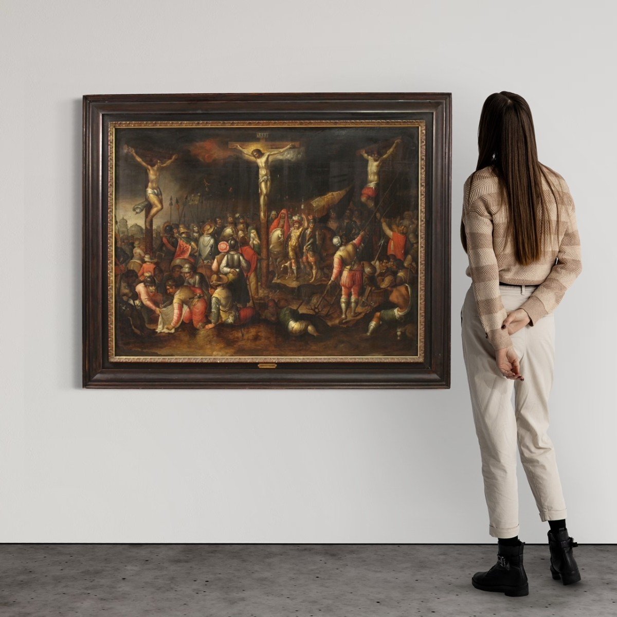 Grande Peinture Flamande Du 17ème Siècle, La Crucifixion Au Mont Calvaire-photo-3