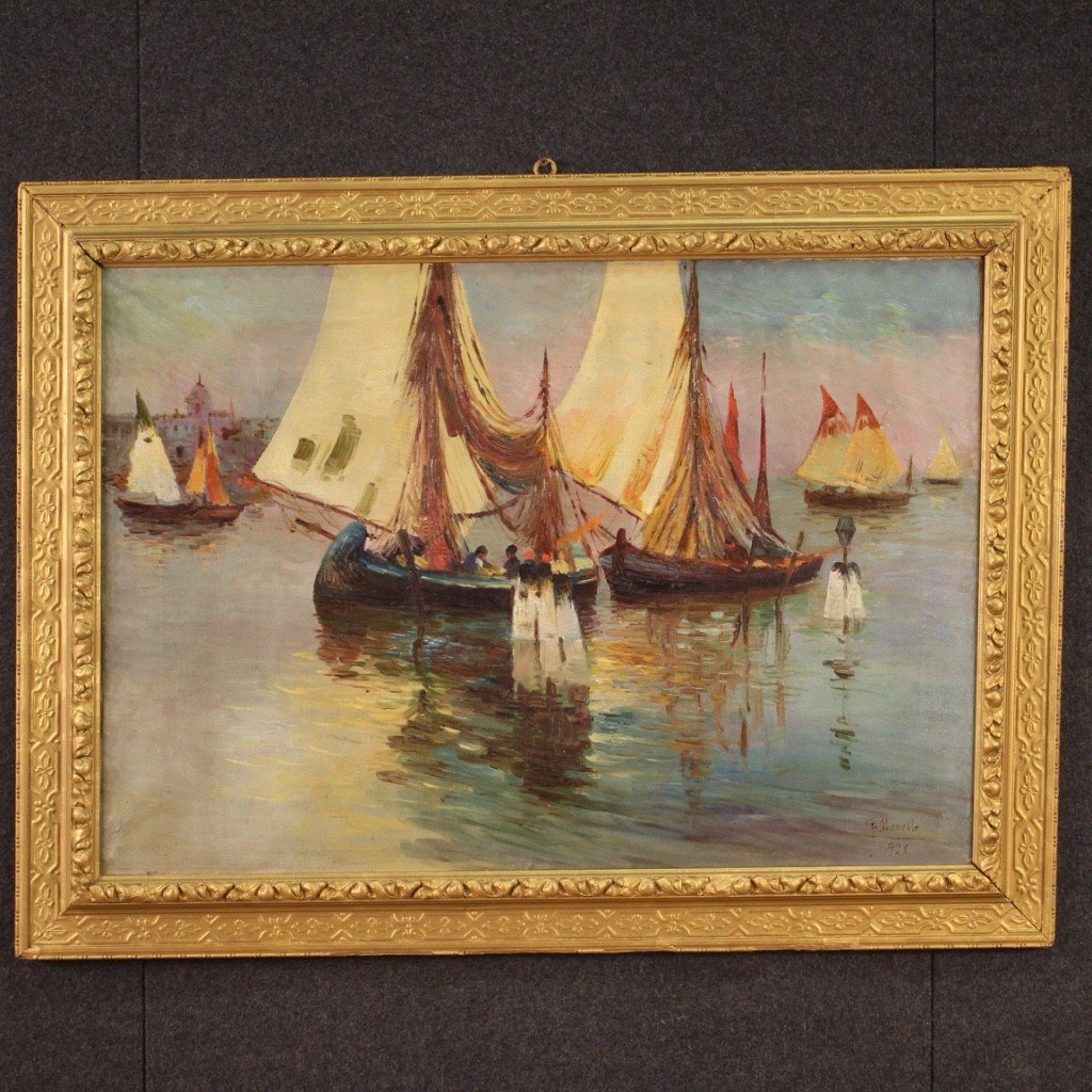 Signed Painting And Dated Seascape With Boats From The 20th Century