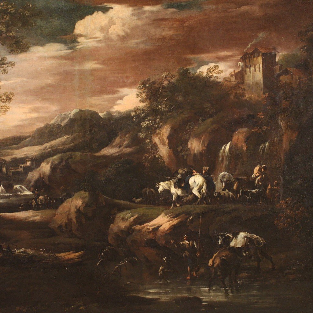 Ecole Génoise Du 18ème Siècle, Grande Peinture De Paysage Avec Personnages