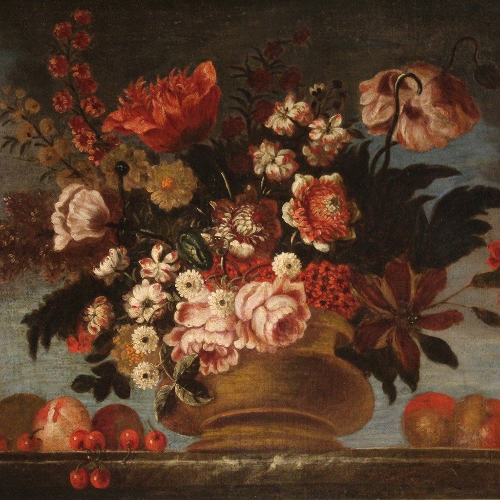 18th Century Still Life Painting With Vase Of Flowers And Fruit-photo-2