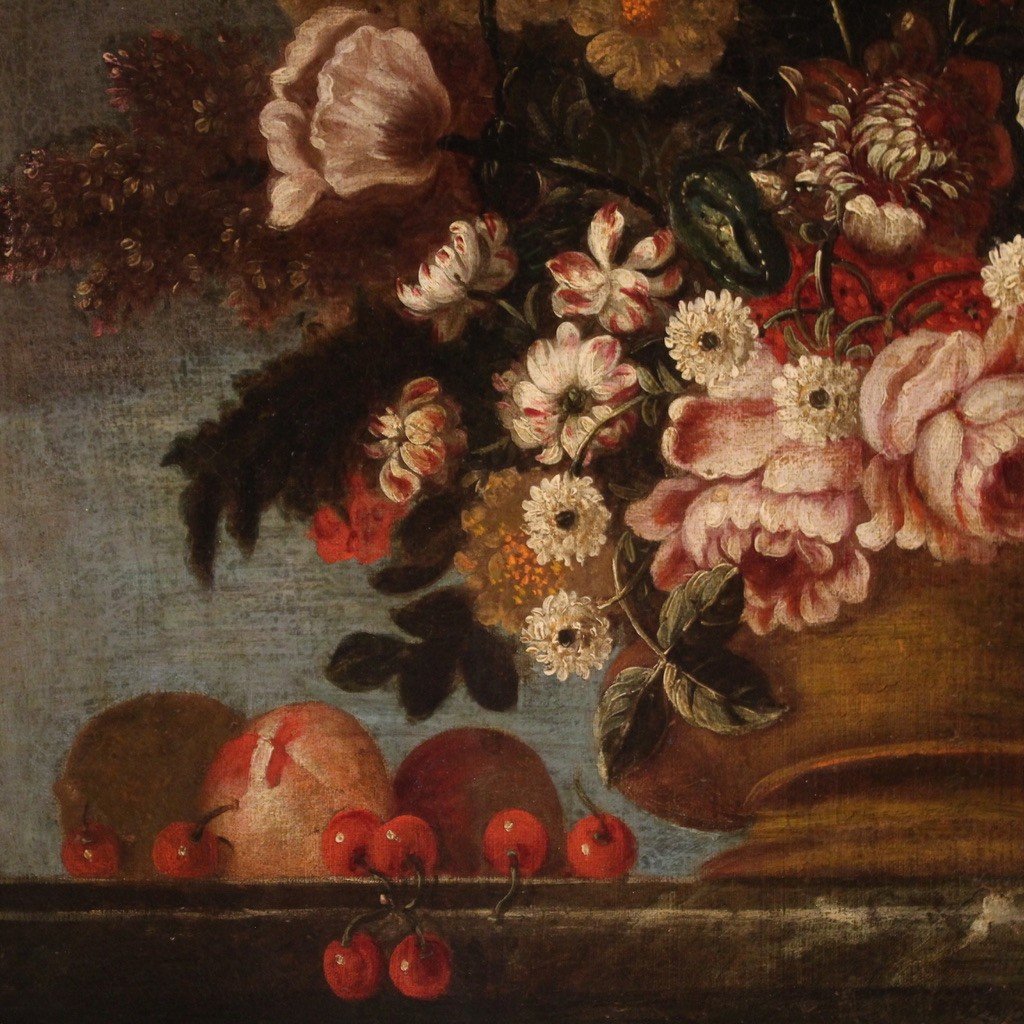 18th Century Still Life Painting With Vase Of Flowers And Fruit-photo-4