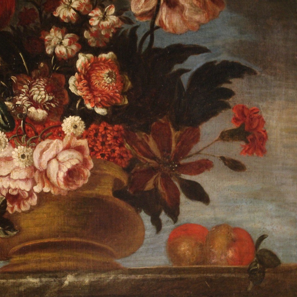 18th Century Still Life Painting With Vase Of Flowers And Fruit-photo-1