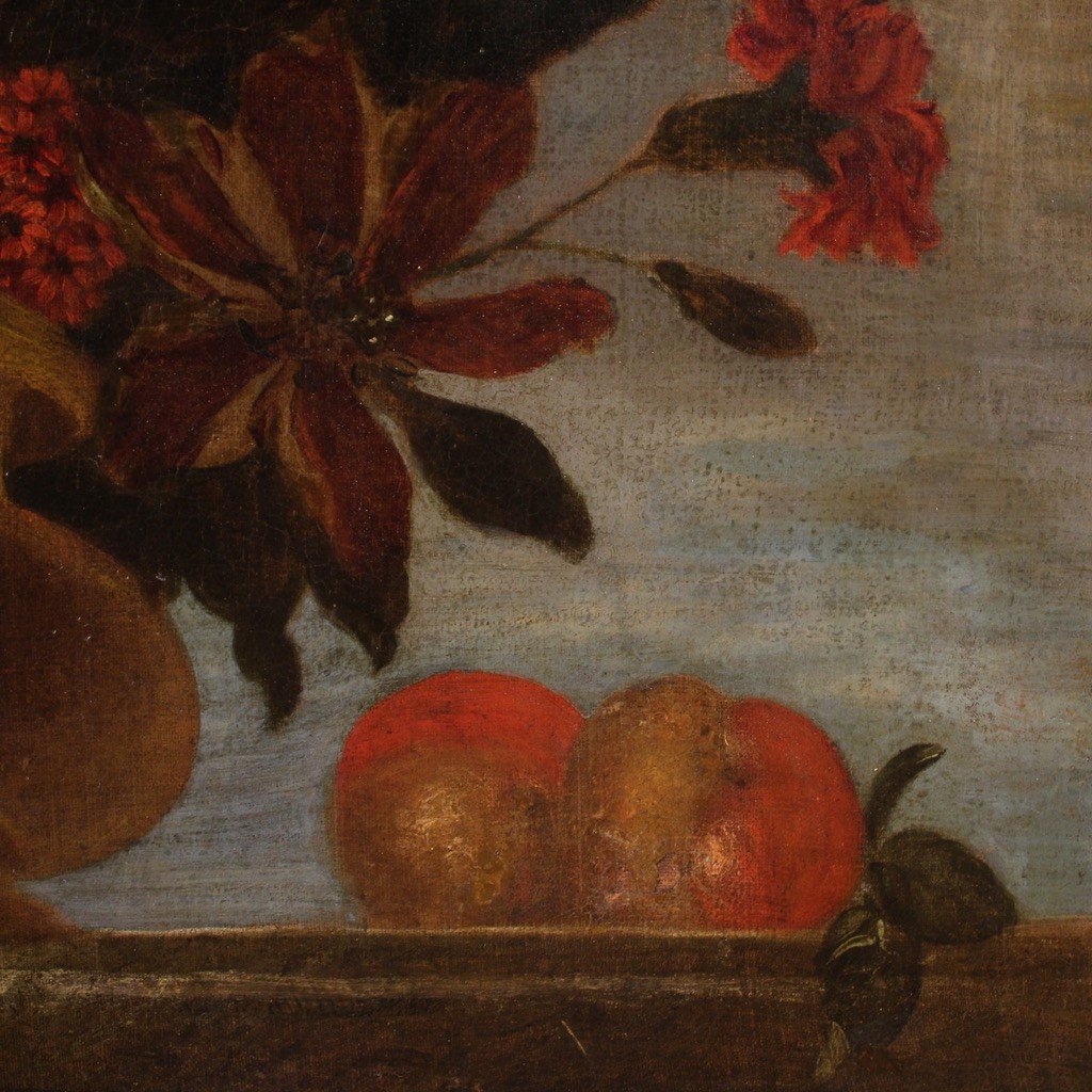 18th Century Still Life Painting With Vase Of Flowers And Fruit-photo-7