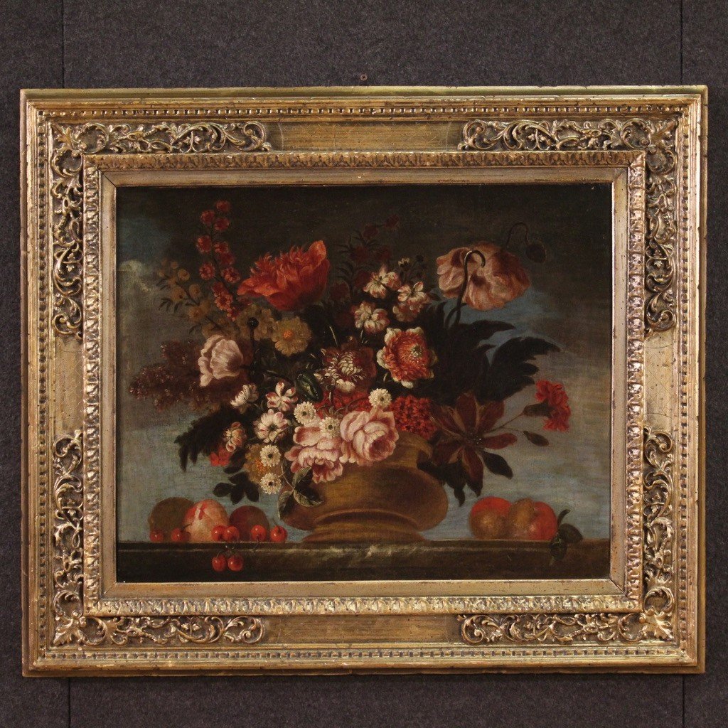 18th Century Still Life Painting With Vase Of Flowers And Fruit