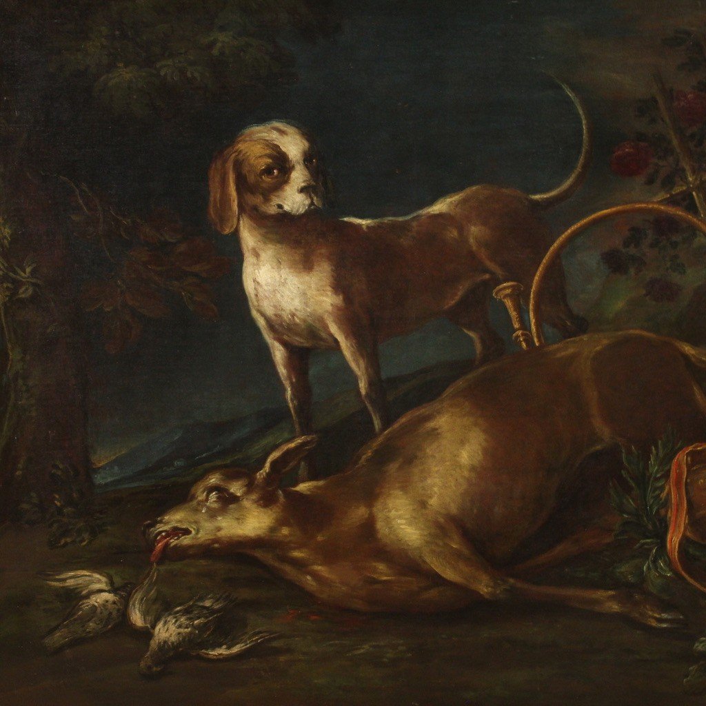 Tableau Ancien Avec Scène De Chasse Du 18ème Siècle-photo-4