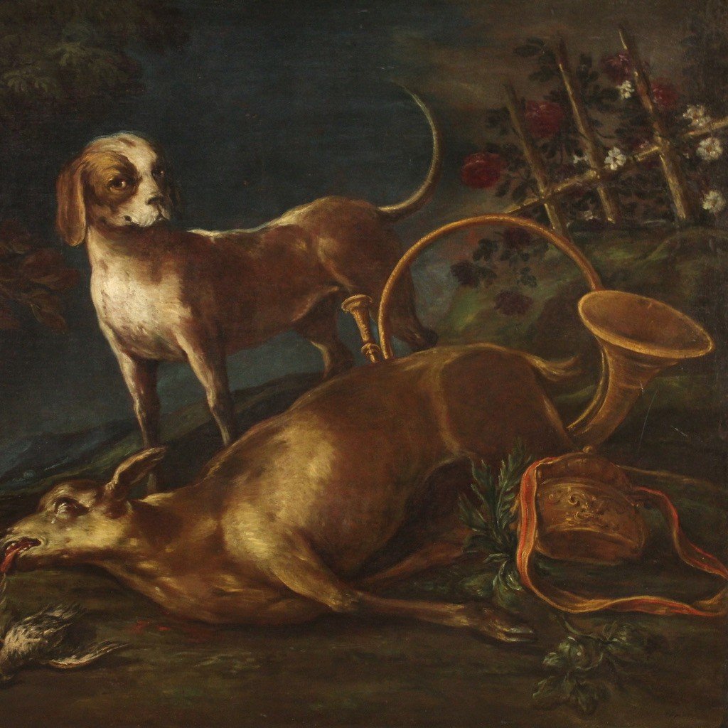 Tableau Ancien Avec Scène De Chasse Du 18ème Siècle