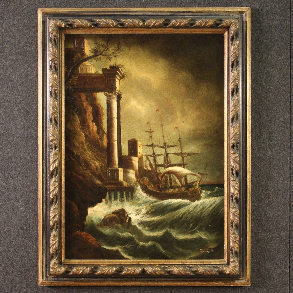 Italian Painting Seascape Oil On Canvas From 20th Century-photo-2