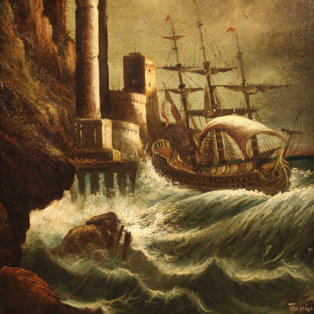 Italian Painting Seascape Oil On Canvas From 20th Century-photo-3