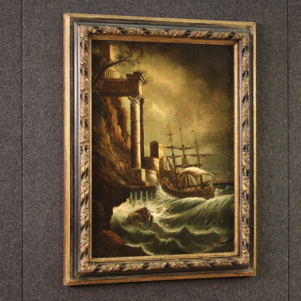 Italian Painting Seascape Oil On Canvas From 20th Century-photo-7