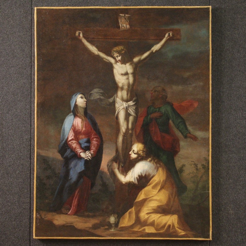 Antique Religious Painting Crucifixion From The 18th Century-photo-2