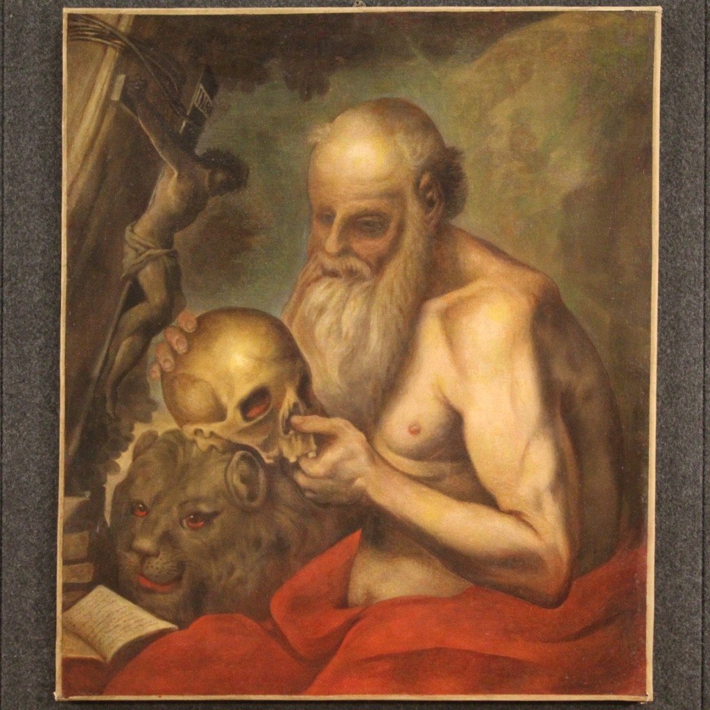 Antique Religious Painting From The 17th Century, Saint Jerome-photo-2