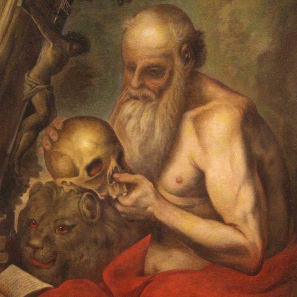 Antique Religious Painting From The 17th Century, Saint Jerome