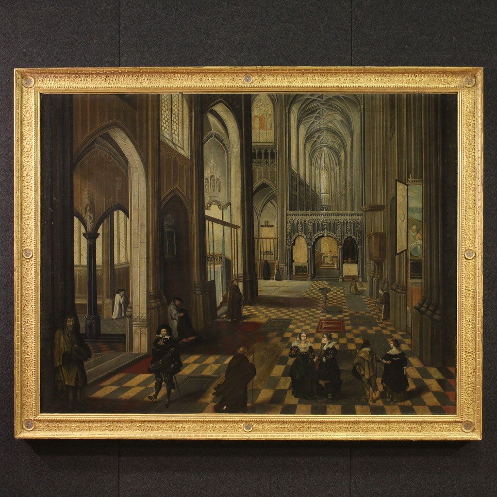 Intérieur De La Cathédrale d'Anvers, Peinture De l'école Flamande Du 18ème Siècle