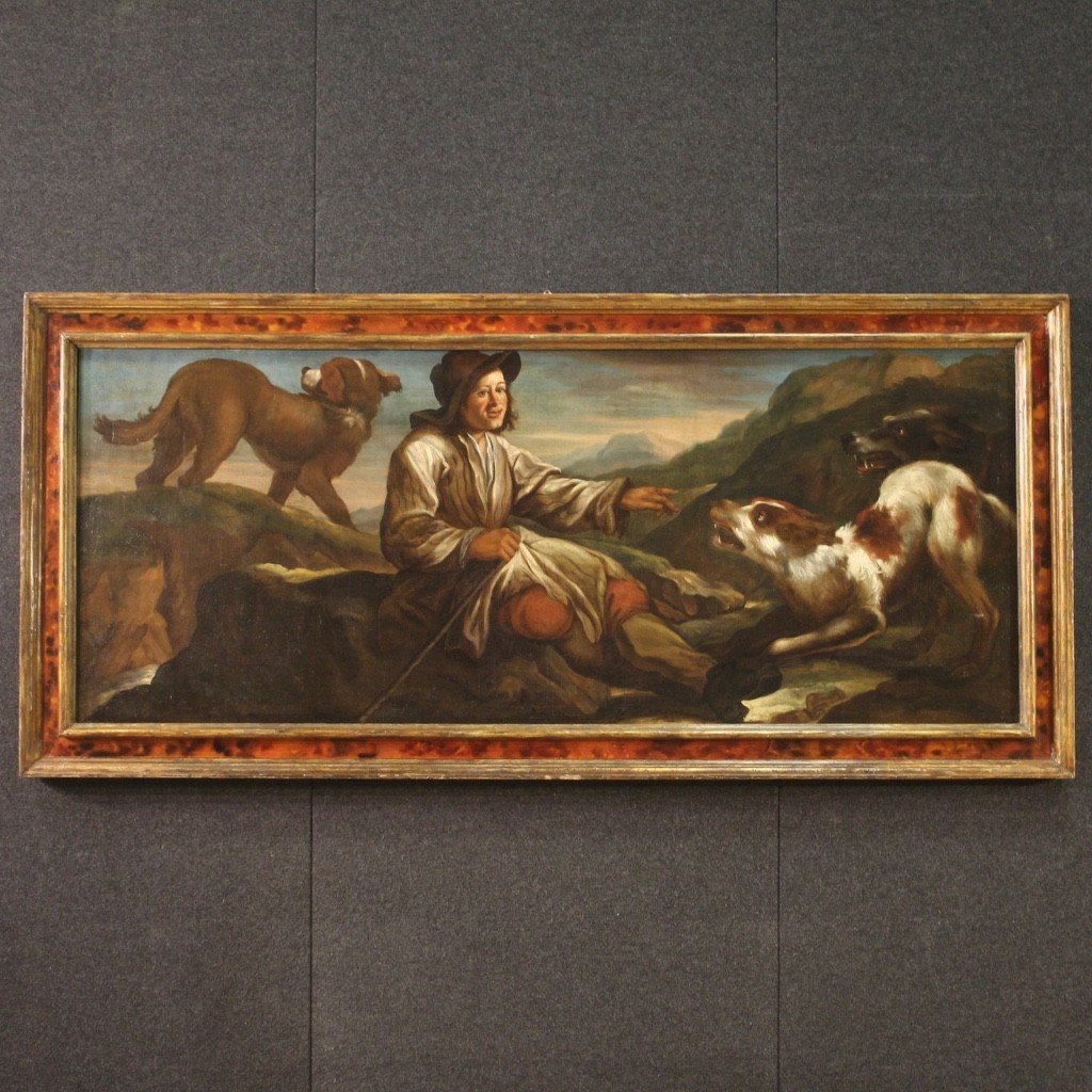 Tableau Lombard Du 17ème Siècle, Le Berger Avec Ses Chiens