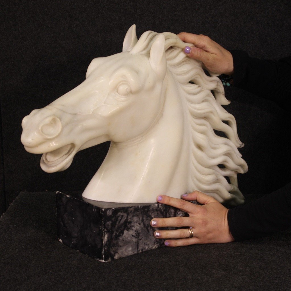 Sculpture en marbre blanc tête de cheval du 20ème siècle-photo-2