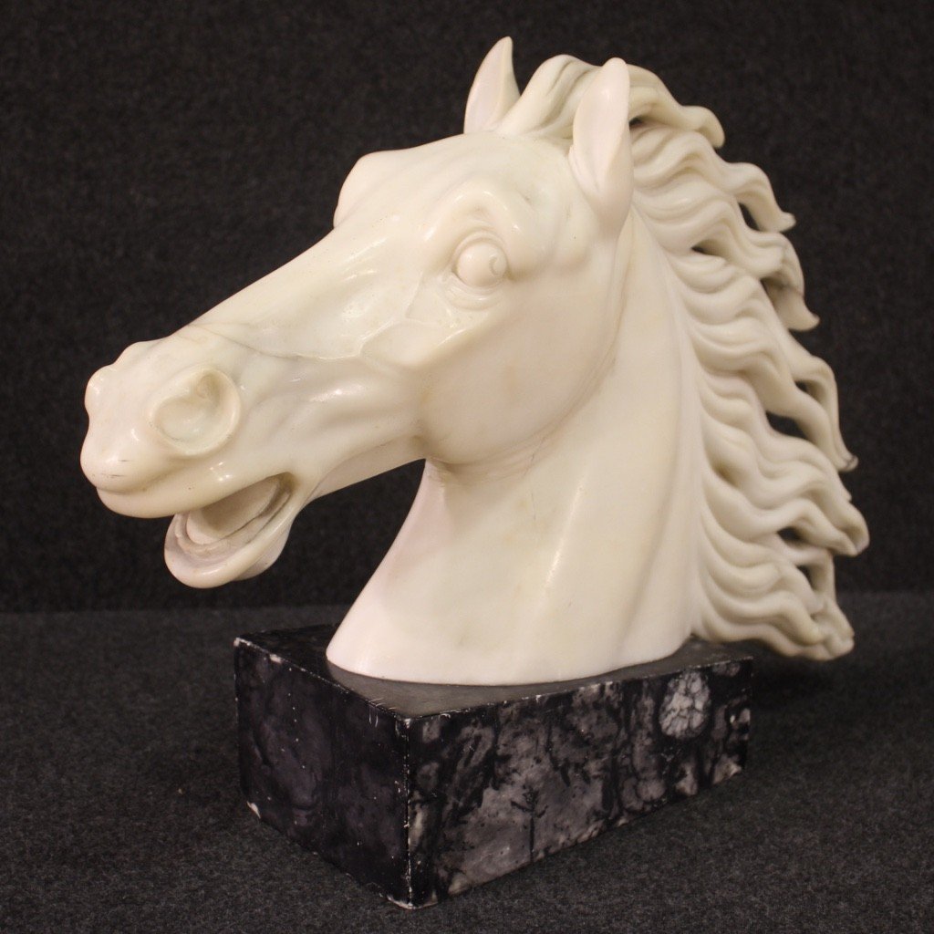 Sculpture en marbre blanc tête de cheval du 20ème siècle