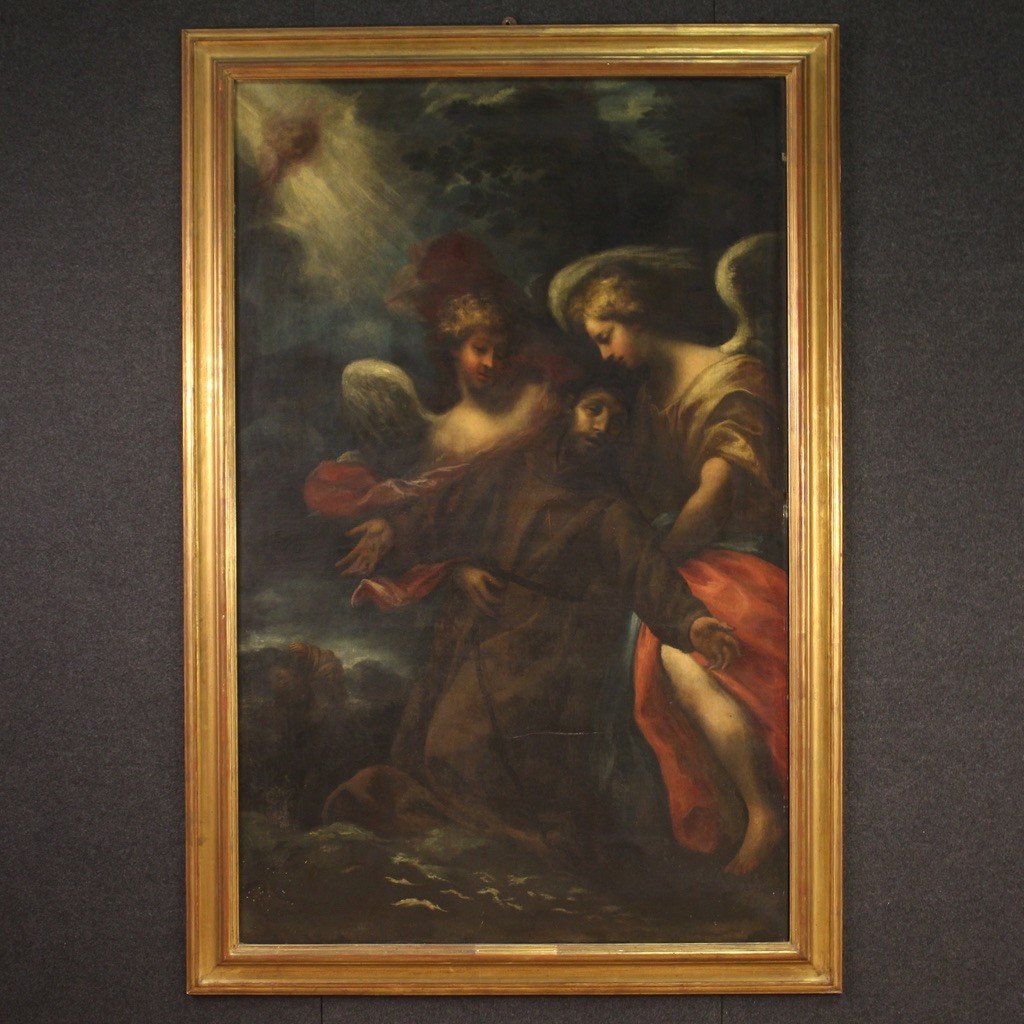 Tableau De l'école Lombarde Du 17ème Siècle, Saint François En Extase Soutenu Par Deux Anges