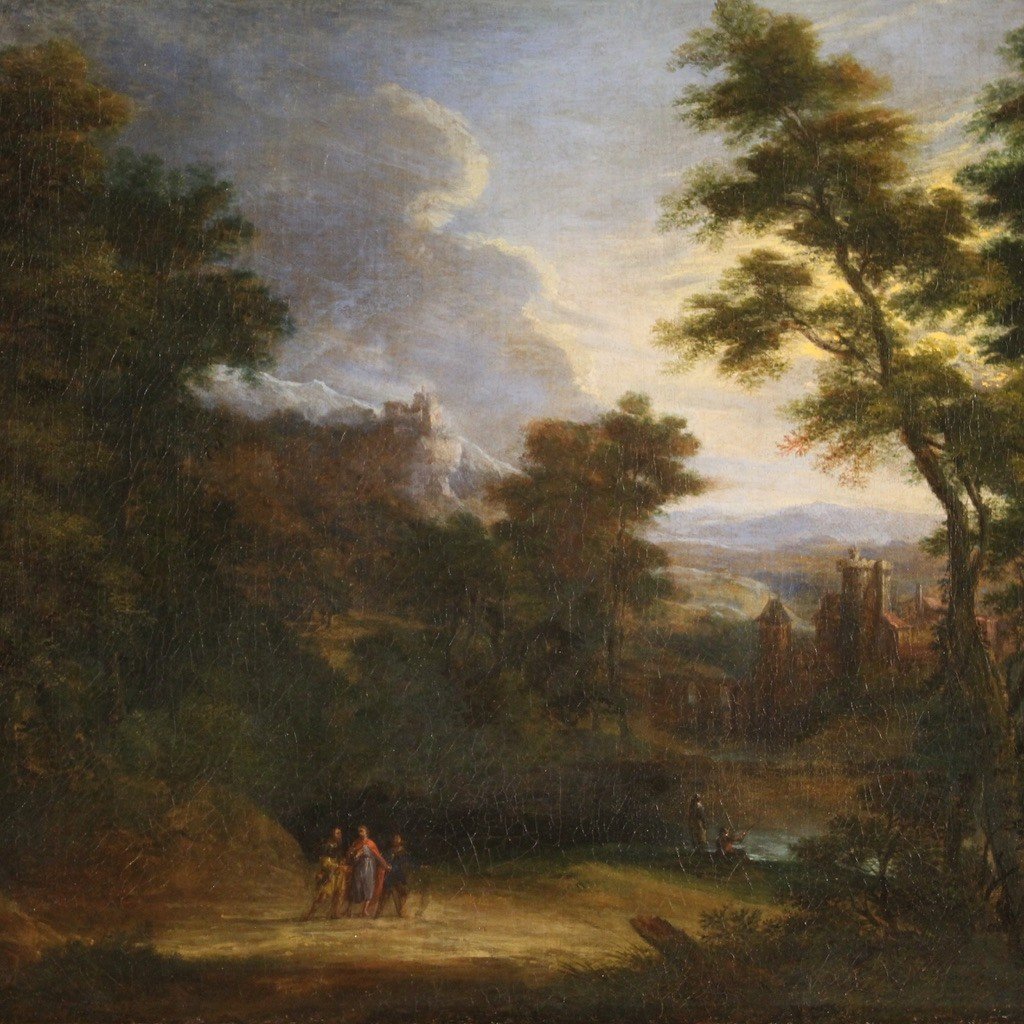 Tableau Flamand De Paysage Avec Personnages Du 17ème Siècle, l'Apparition De Jésus 