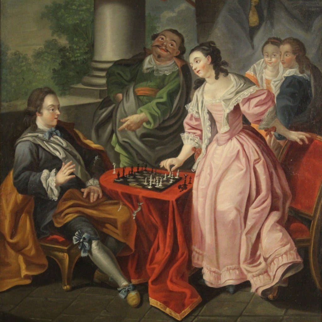 French Painting From The 18th Century, Couple Playing Chess-photo-3