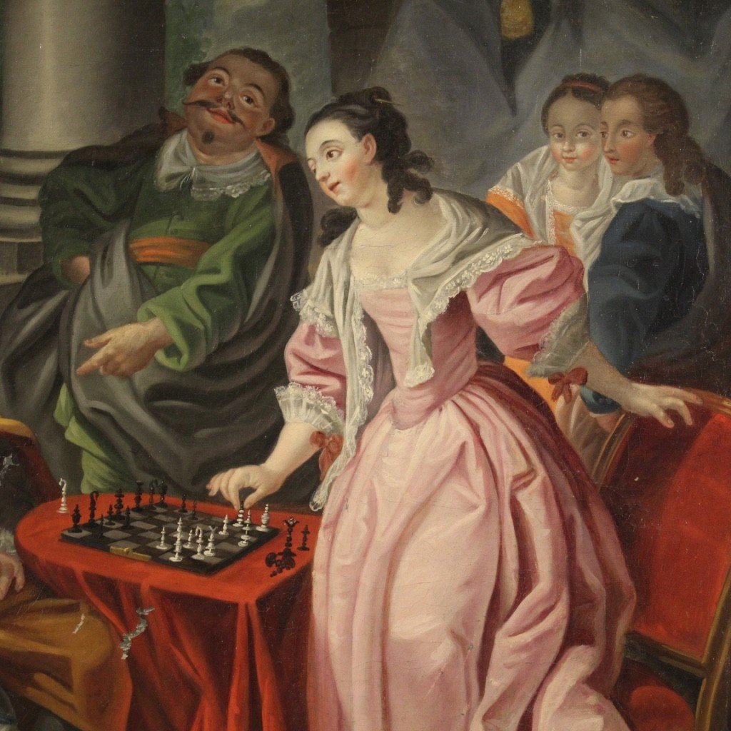 Tableau Français Du 18ème Siècle, Couple Jouant Aux échecs-photo-2