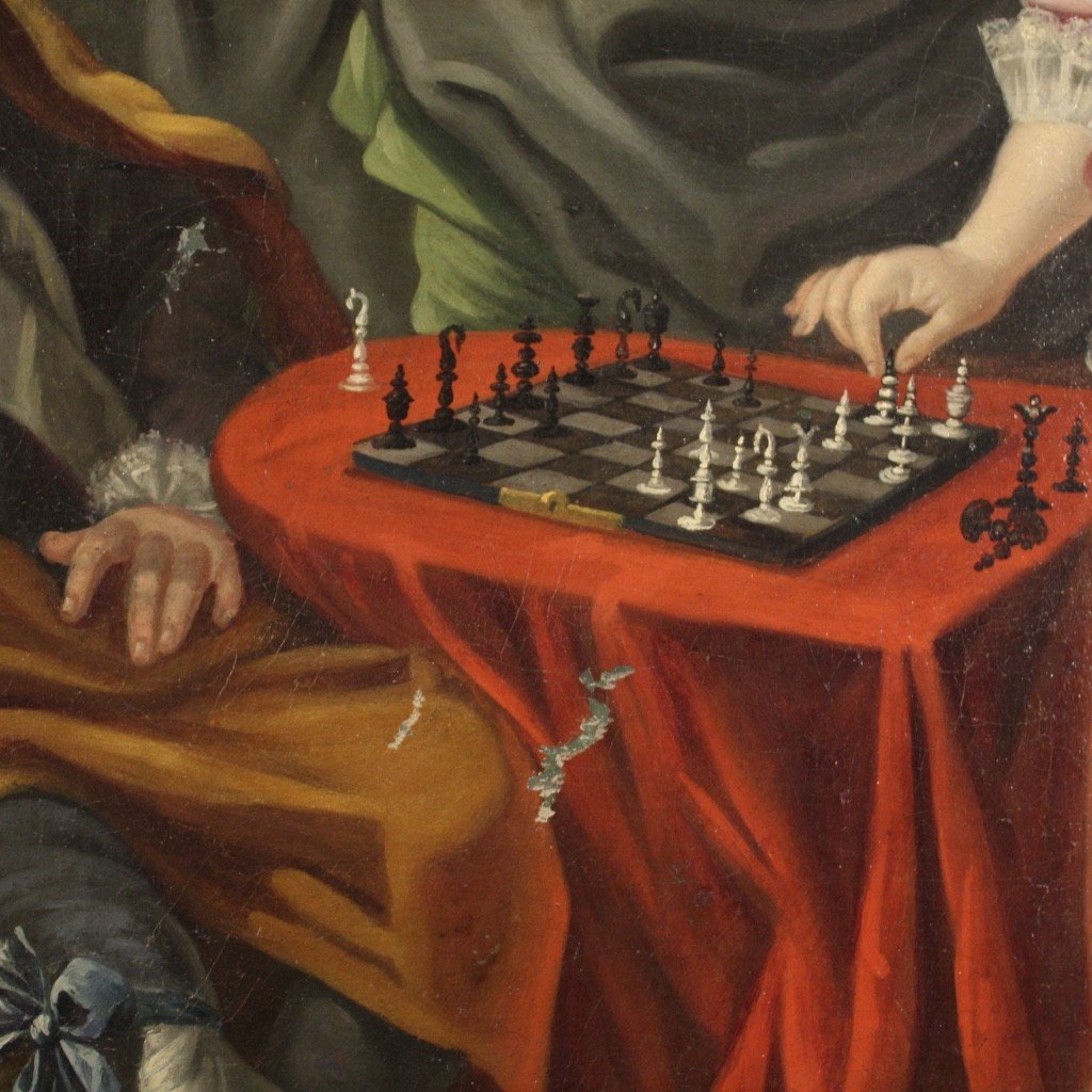 Tableau Français Du 18ème Siècle, Couple Jouant Aux échecs-photo-3