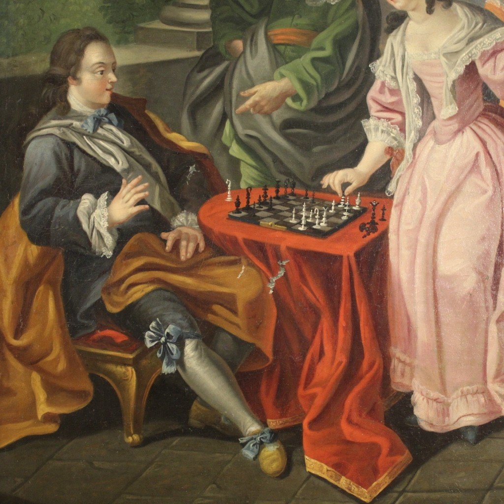 Tableau Français Du 18ème Siècle, Couple Jouant Aux échecs-photo-4