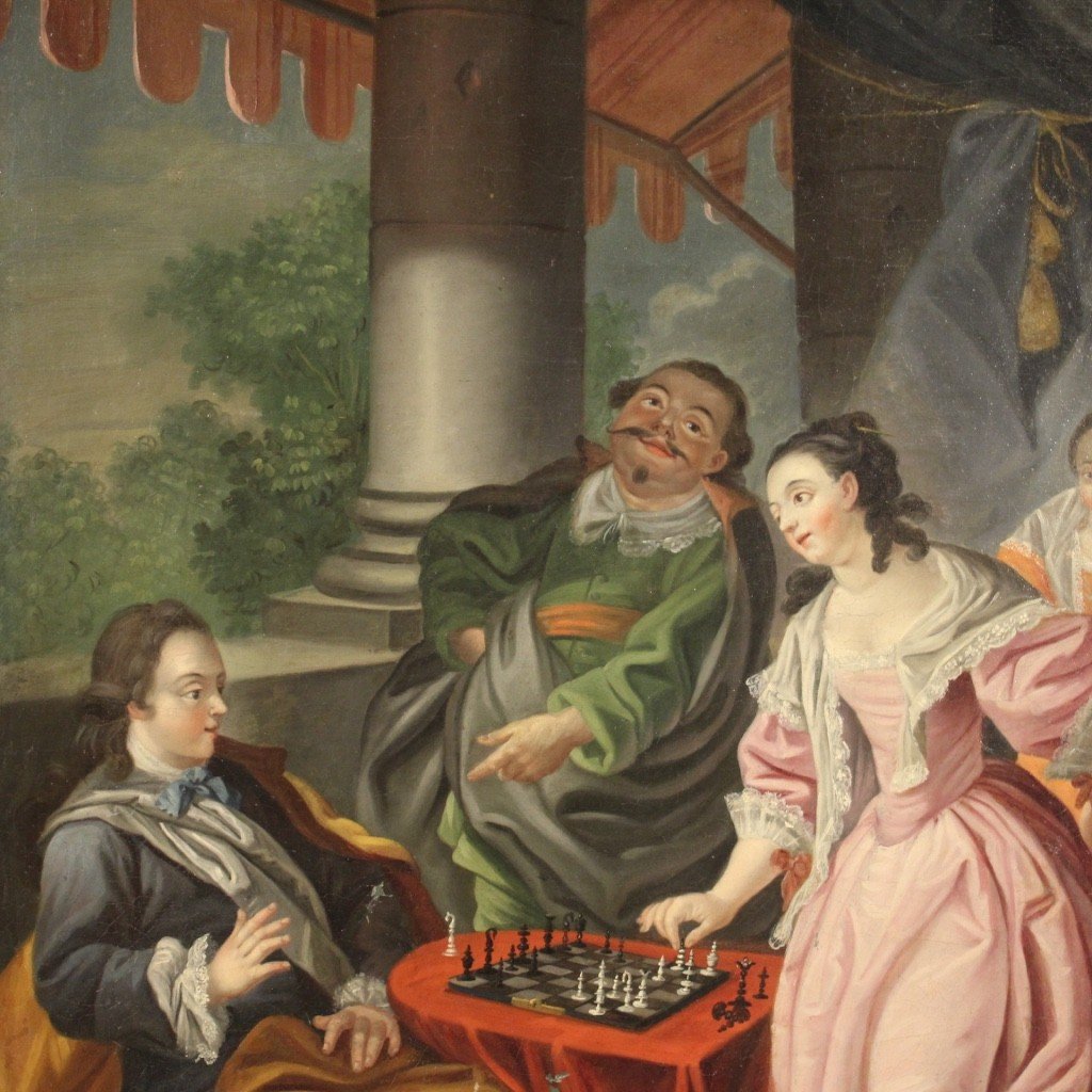 Tableau Français Du 18ème Siècle, Couple Jouant Aux échecs-photo-8