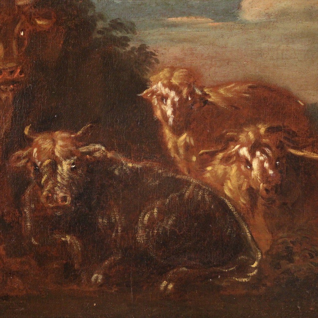 Tableau Huile Sur Toile Du 17ème Siècle, Paysage Avec Animaux De Pâturage-photo-3