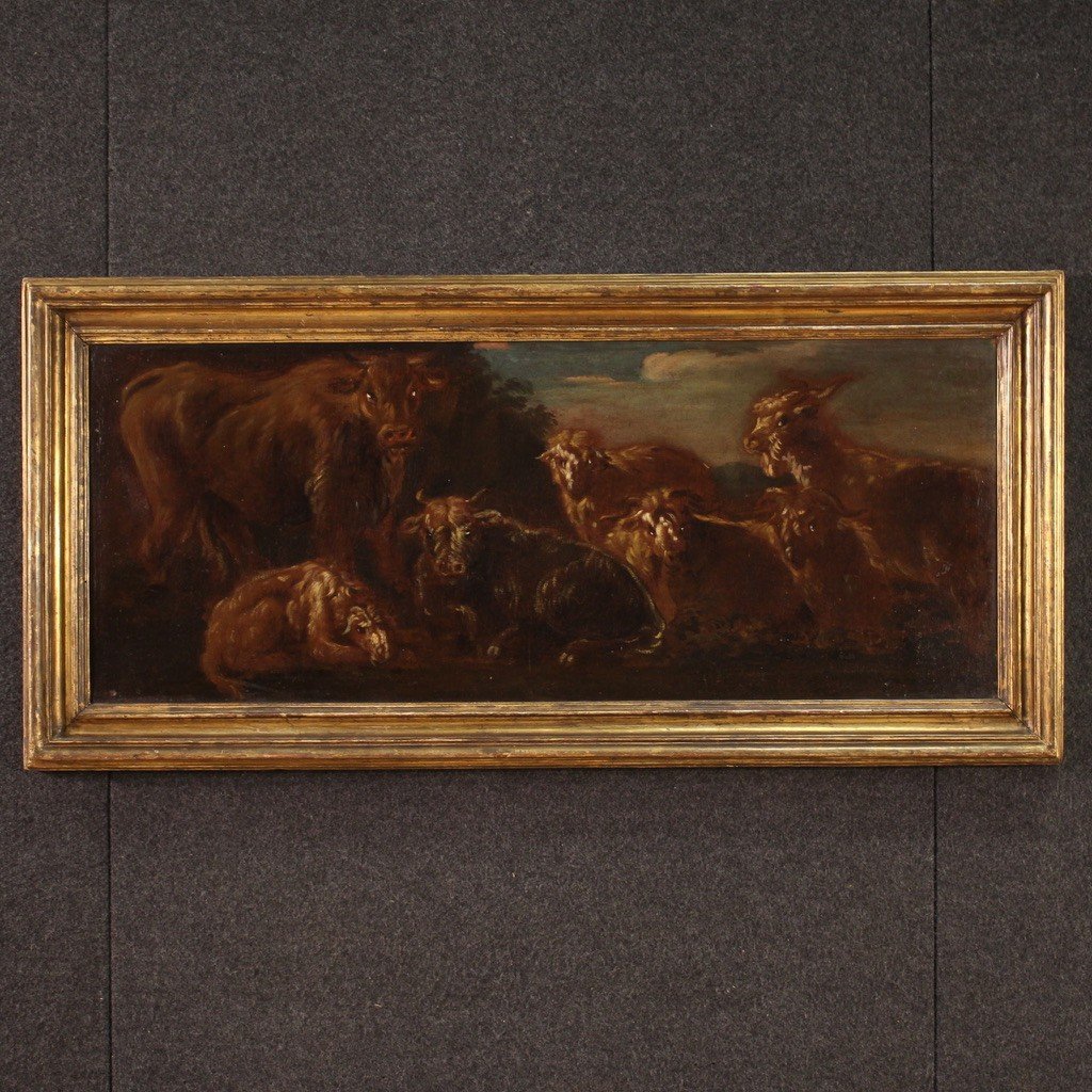 Painting Oil On Canvas From The 17th Century, Landscape With Grazing Animals